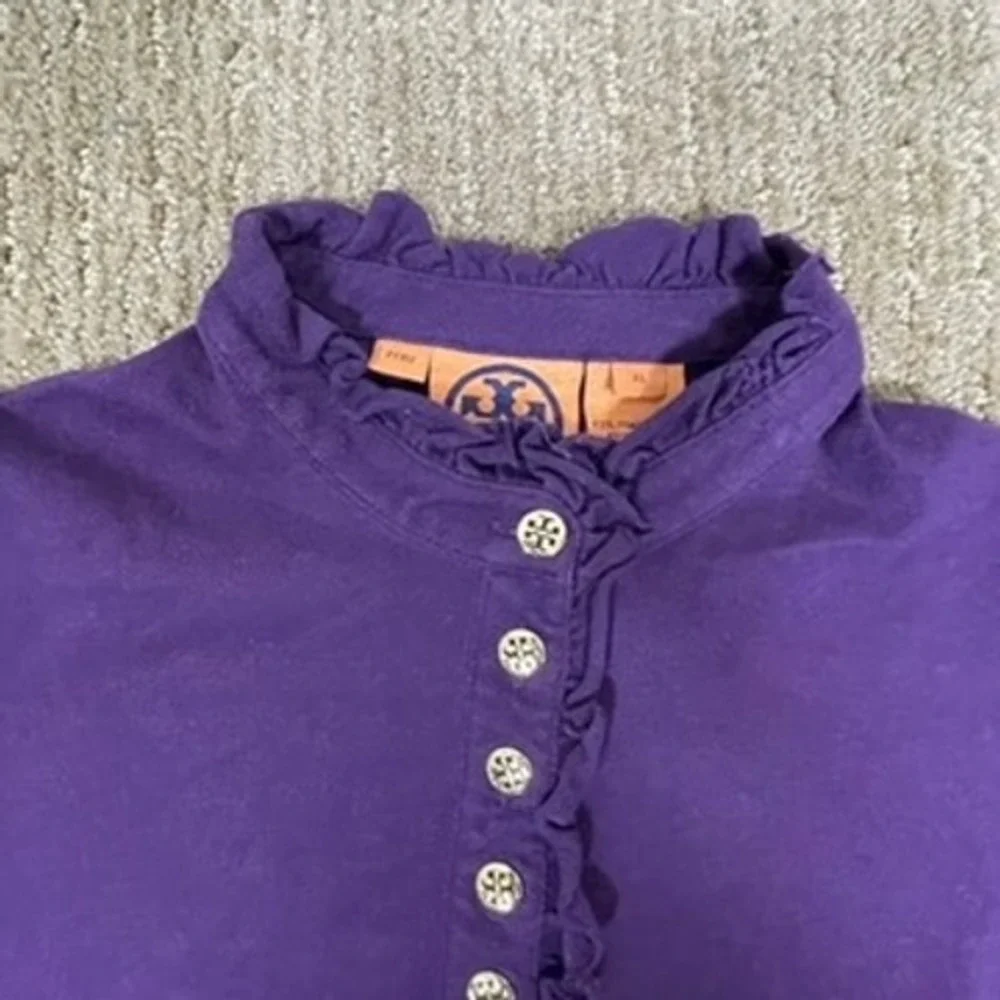 Tory Burch Top Kids XL Purple Ruffle Neck Logo Button Long Sleeve‎ Royal Core